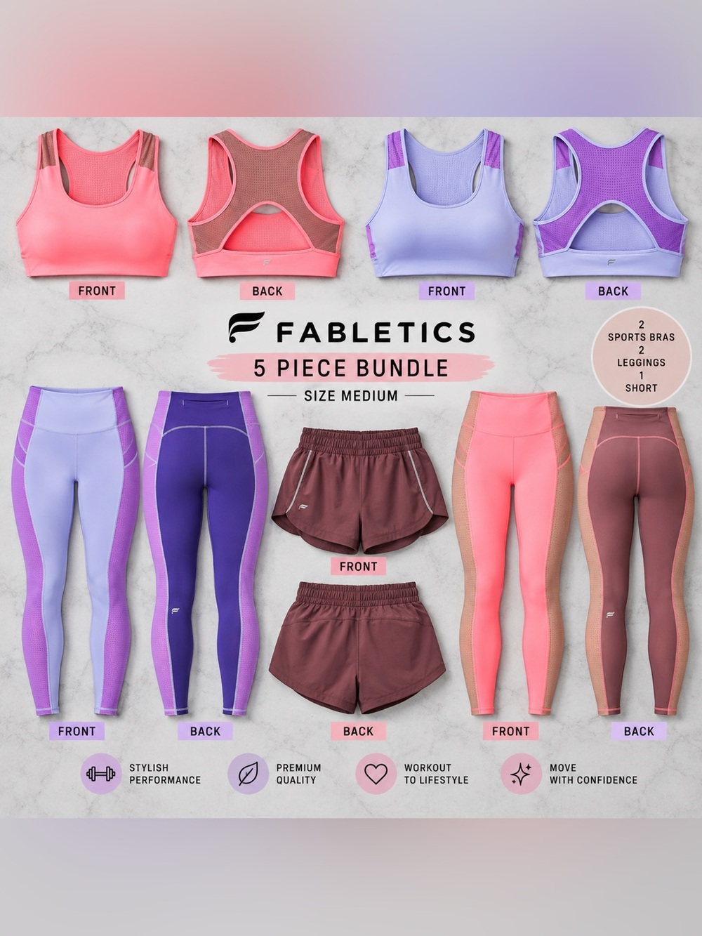 Fabletics medium Pink, Lavender & Purple 5-Piece Active Set